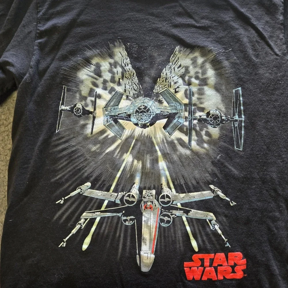 Vintage Star Wars T Shirt Boys XL Black Rogue Squadron X-Wing Tie Fighter AOP